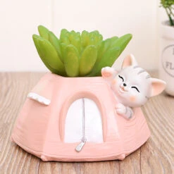 Cute Kitty In Tent Resin Succulent Pot