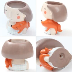 Girl With Fox Resin Succulent Pot -Cute Farms Shop Girl with fox 3