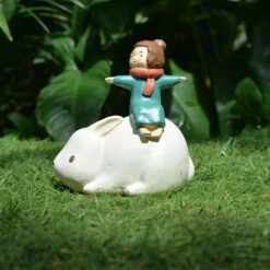Miniature Girl On Rabbit – Cute Fairy Garden Resin Decor