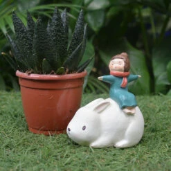 Miniature Girl On Rabbit – Cute Fairy Garden Resin Decor -Cute Farms Shop girl on rabbit 3