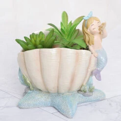 Cute Mermaid Blowing Shell Resin Succulent Pot