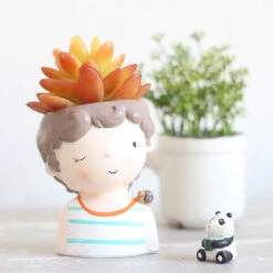 Winking Boy With Snail Resin Succulent Pot